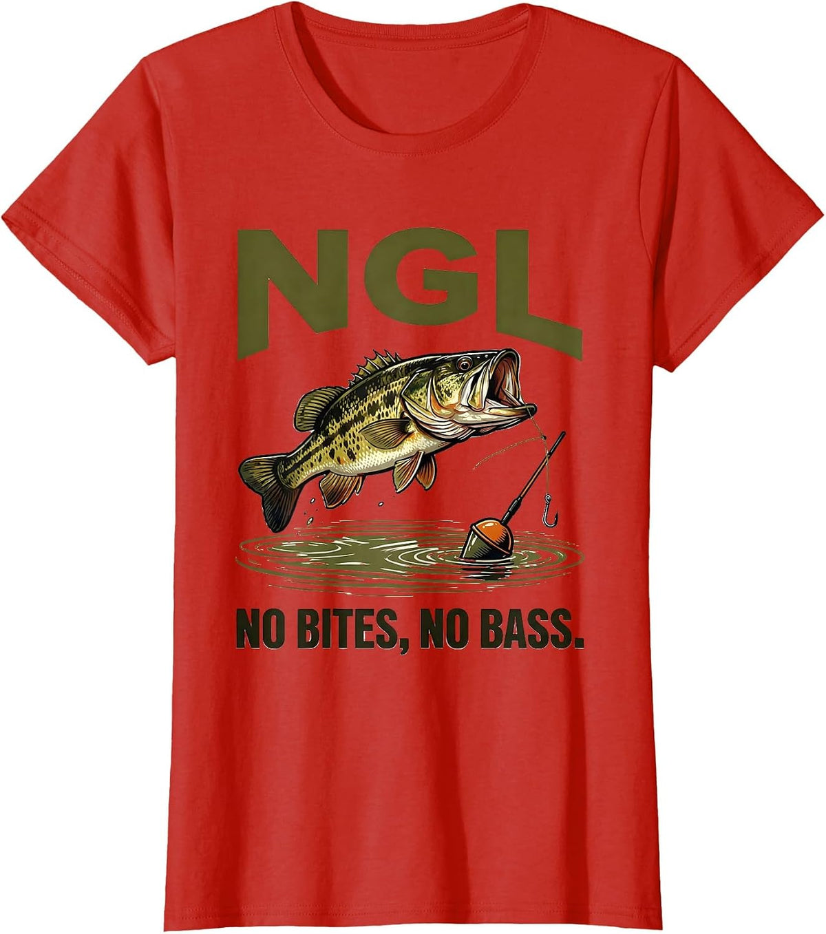 NGL No Bites, No Bass Funny Freshwater Bass Fishing Humor T-Shirt - Red