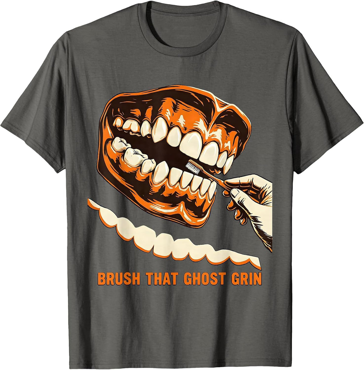 Men's Brush That Ghost Grin Wood Type Dental Hygienist Halloween T-Shirt - Asphalt Grey