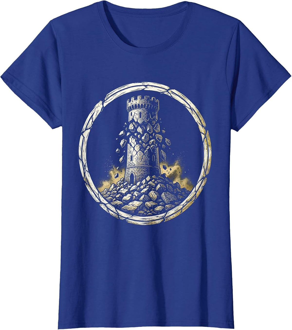Women's Golden Tower Crumbling Into Dust Illustration T-Shirt - Royal Blue