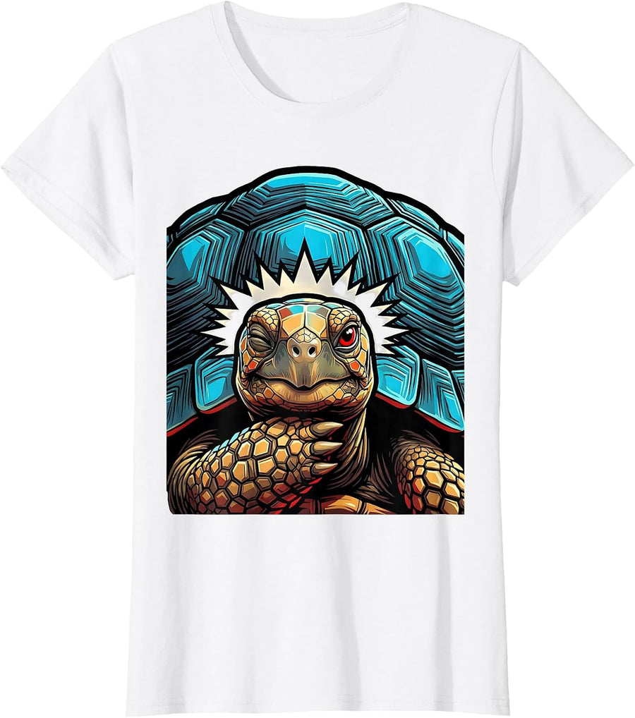 Women's Frontal Tortoise Portrait Pop Art Funny Turtle Lover T-Shirt - White