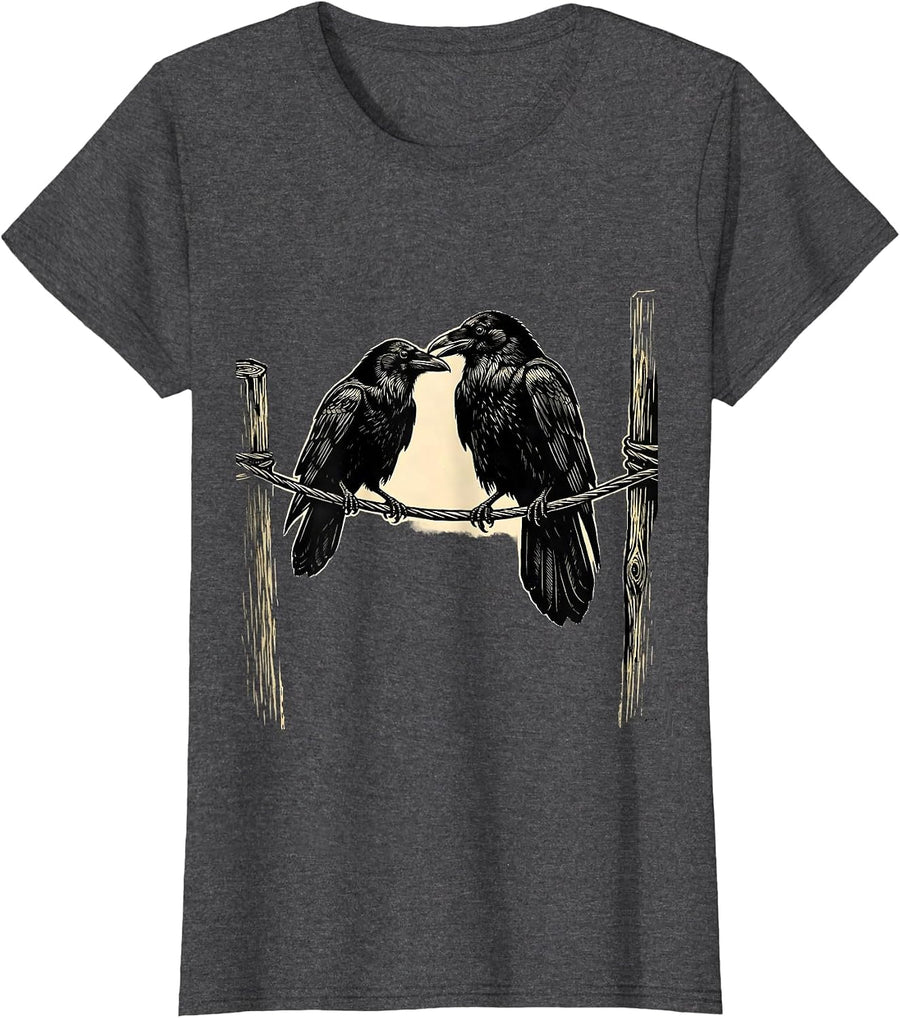 Women's Crow vs Raven Showdown on a Wire Illustration T-Shirt - Dark Heather Grey
