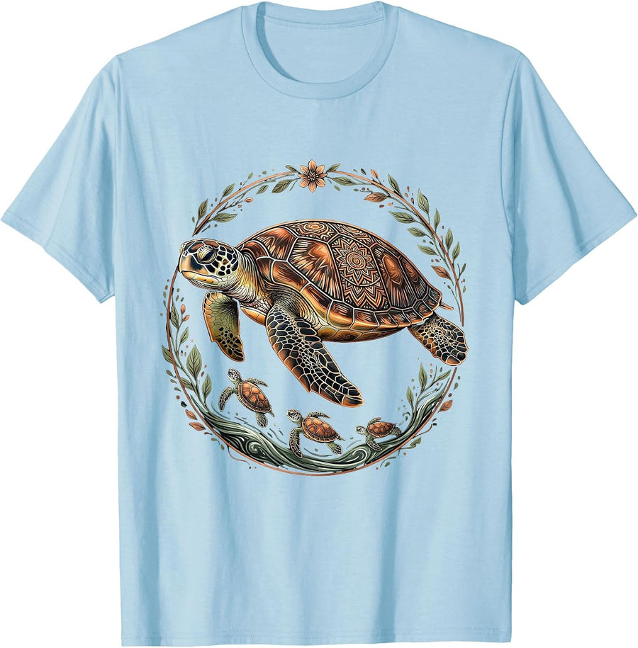 Men's Mama Turtle Guiding Hatchlings to the Ocean T-Shirt - Baby Blue