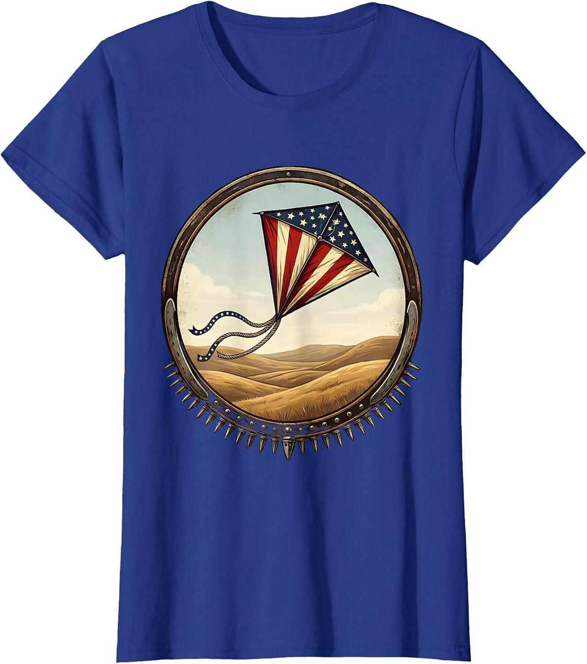 Women's Red White and Blue Kite Soaring Over Hills T-Shirt - Royal Blue