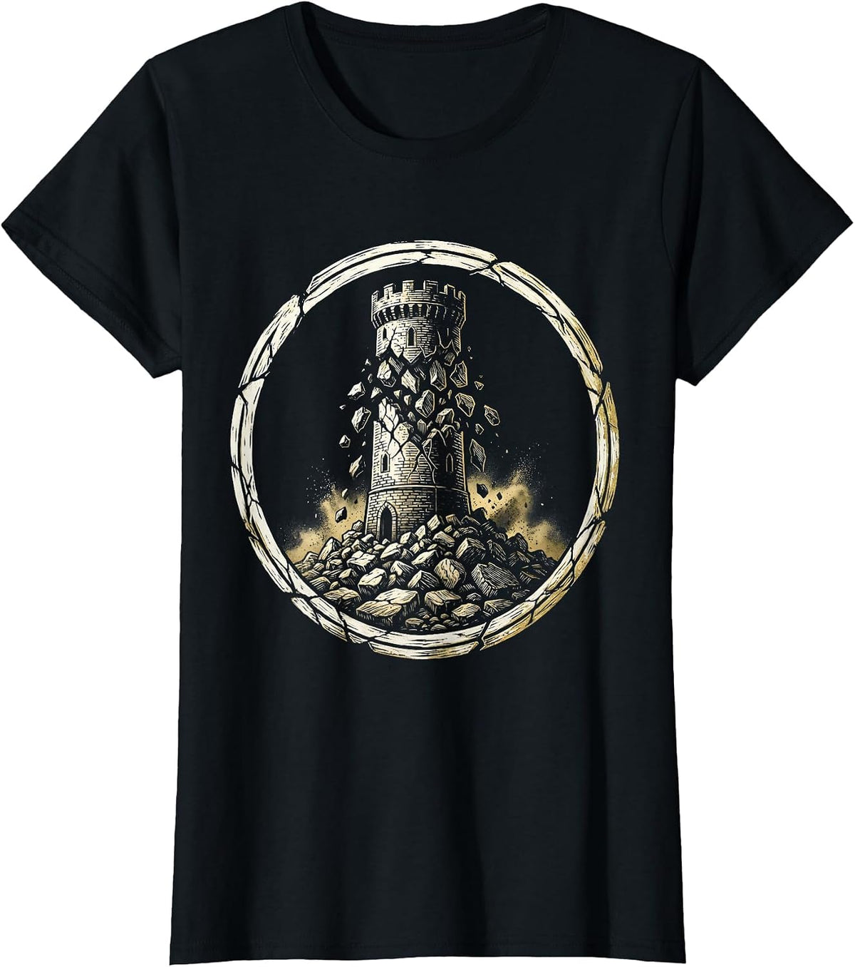 Women's Golden Tower Crumbling Into Dust Illustration T-Shirt - Black