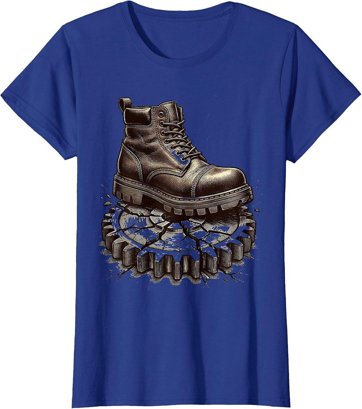 Women's Mechanic Boot Crushing Broken Gear Graphic T-Shirt - Royal Blue
