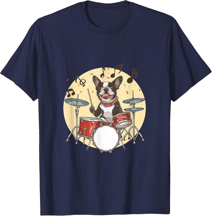 Boston Terrier Dog Playing The Drums Musician Dog Rock Band T-Shirt - Navy Blue