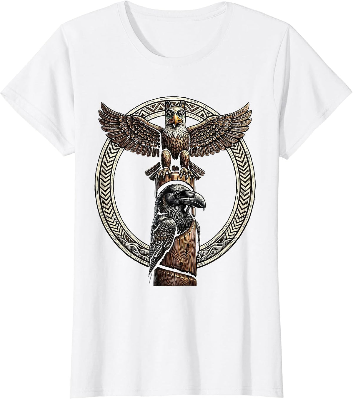 Alaska Totem Pole Eagle and Raven Illustration T-Shirt - White