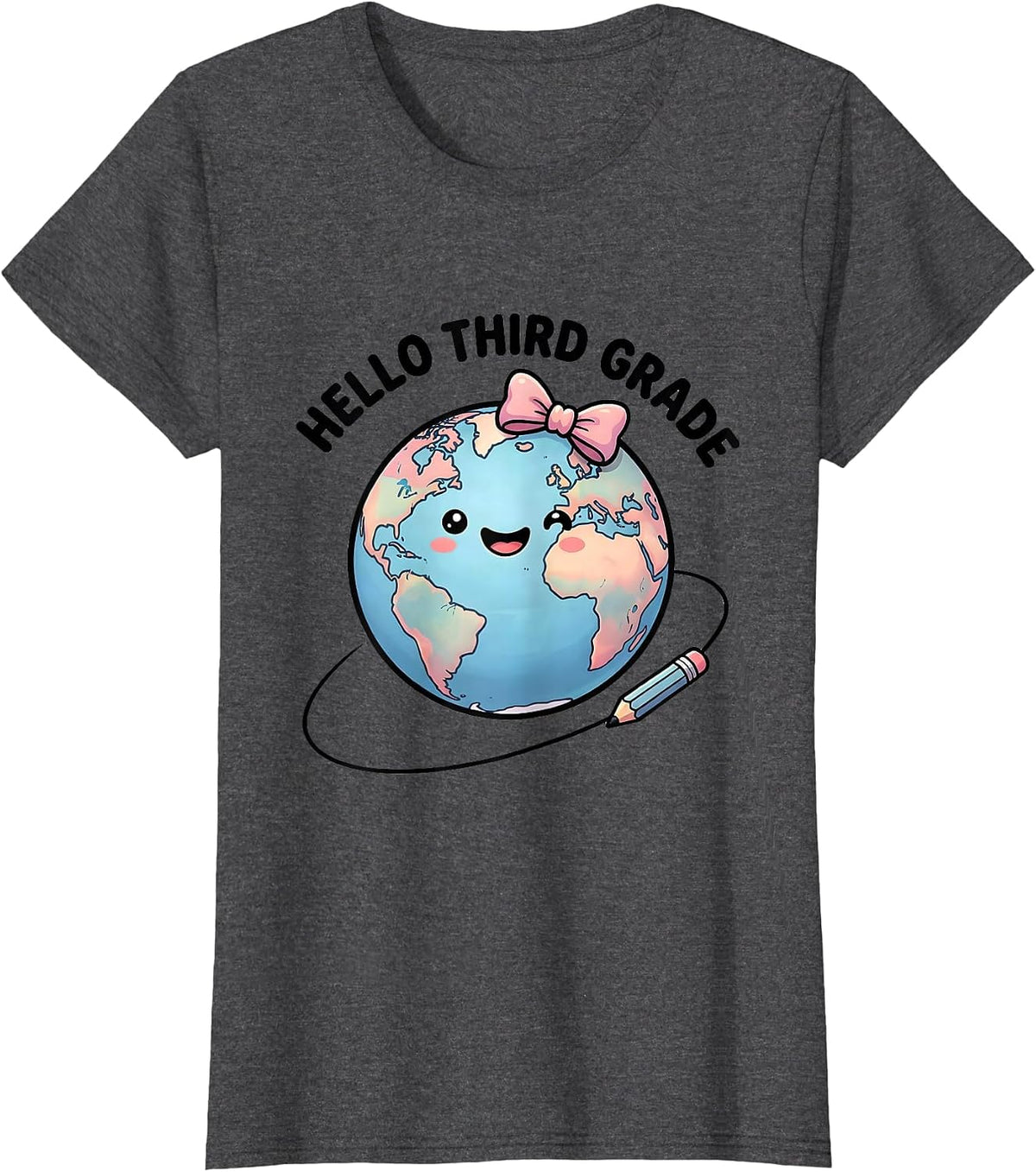 Women's Hello Third Grade Cute Kawaii Back to School Bow Pencil T-Shirt - Dark Heather Grey