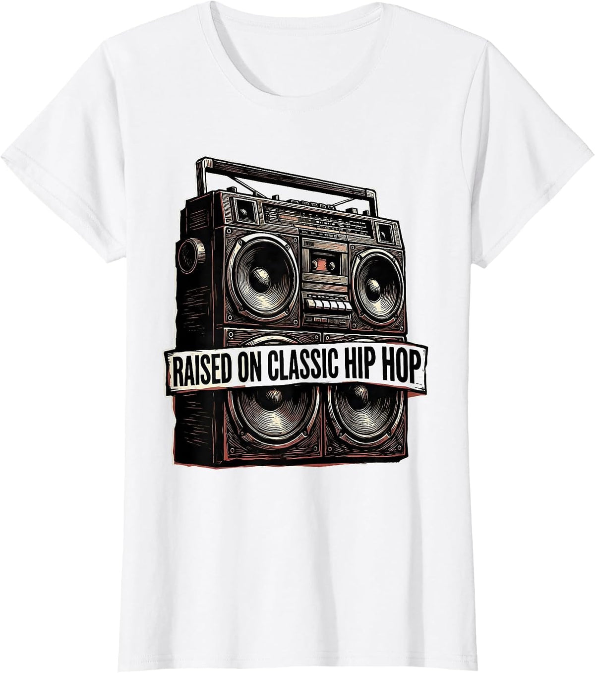 Raised On Classic Hip Hop Linocut Retro Cassette Nostalgia T-Shirt - White