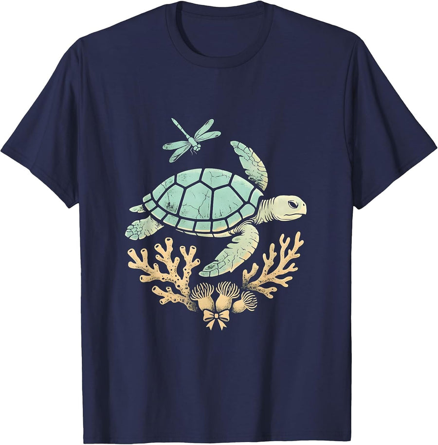 Hawaiian Sea Turtle Coral Reef Graphic T-Shirt - Navy Blue