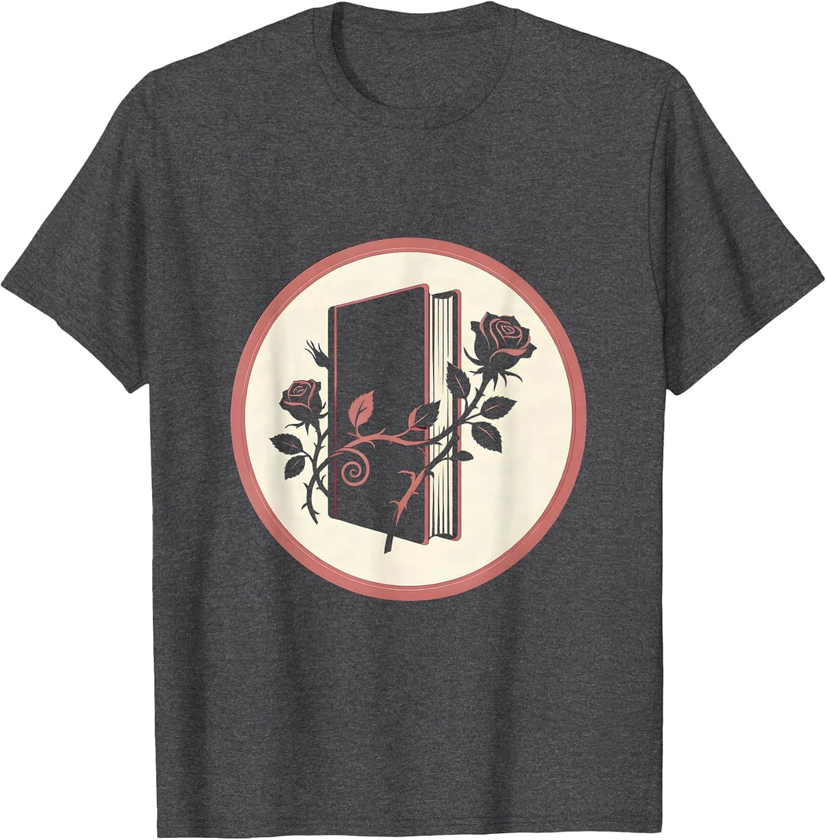 Men's Book Spine Climbing Rose Vines Illustration T-Shirt - Dark Heather Grey