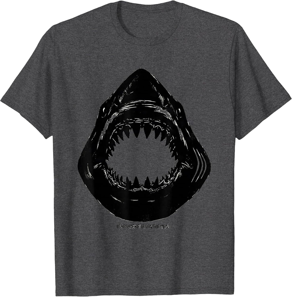 Men's I Put Shark Bites On The Menu Funny Shark Lover Ocean T-Shirt - Dark Heather Grey