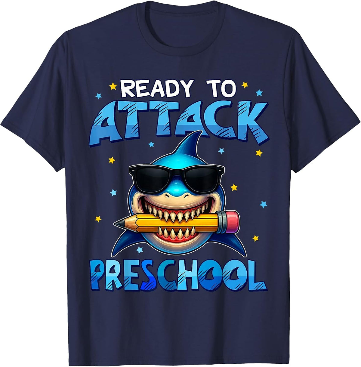 Ready to Attack Preschool Shark First Day of School Boys T-Shirt - Navy Blue