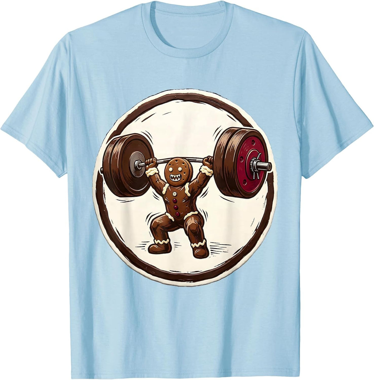 Men's Gingerbread Weightlifting Linocut Humor Gym Novelty T-Shirt - Baby Blue