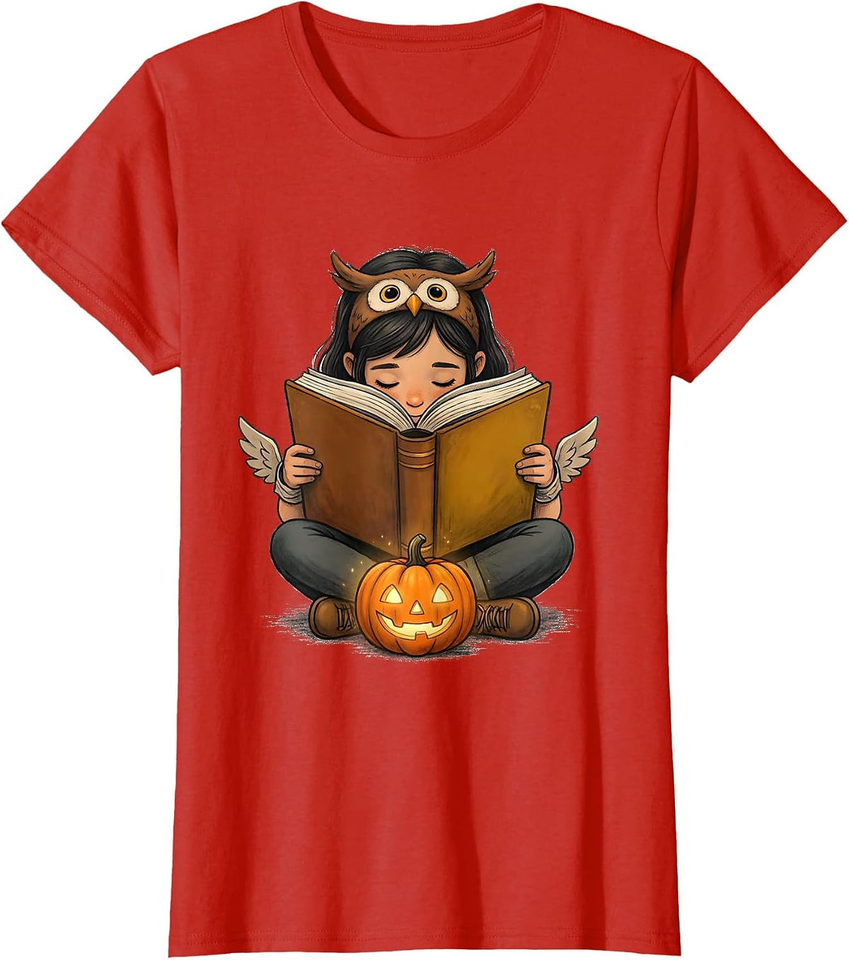 Bookworm Reader Halloween Felt Owl Ear Headband Illustration T-Shirt - Red