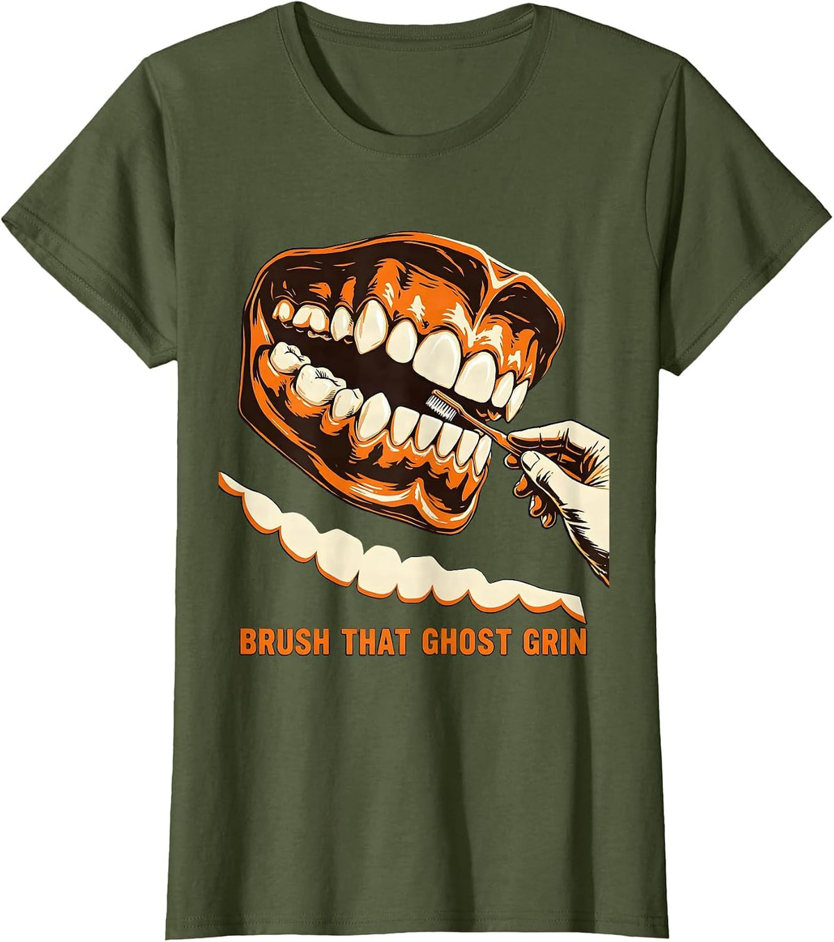 Women's Brush That Ghost Grin Wood Type Dental Hygienist Halloween T-Shirt - Olive Green