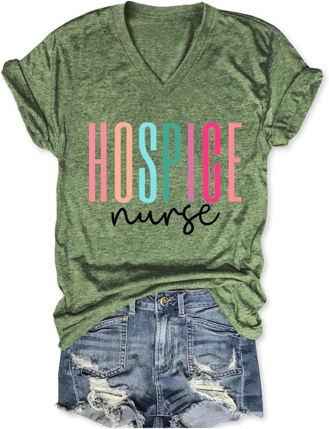 Hospice Nurse T Shirts for Women, Nurse Life Letter Print Tops Casual V Neck Tees Loose Fit Short Sleeve Tshirts - Olive