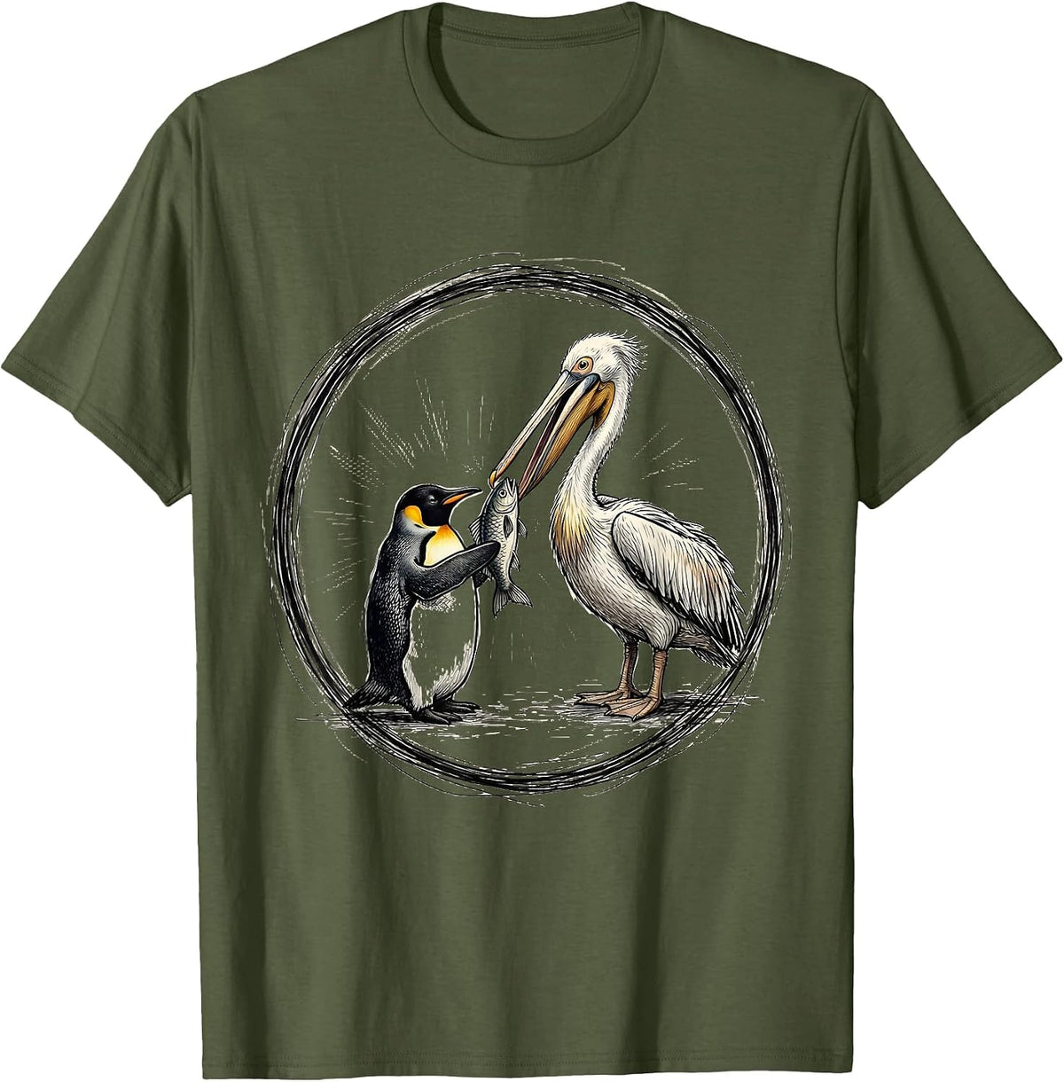 Be Kind Penguin and Pelican Sharing Design T-Shirt - Olive Green