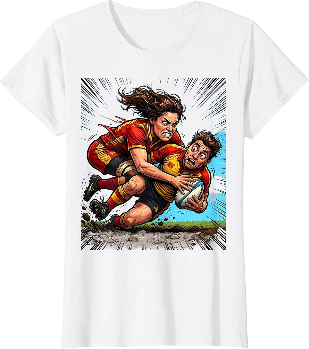 Women's Rugby Tackle Illustration Graphic Design T-Shirt - White