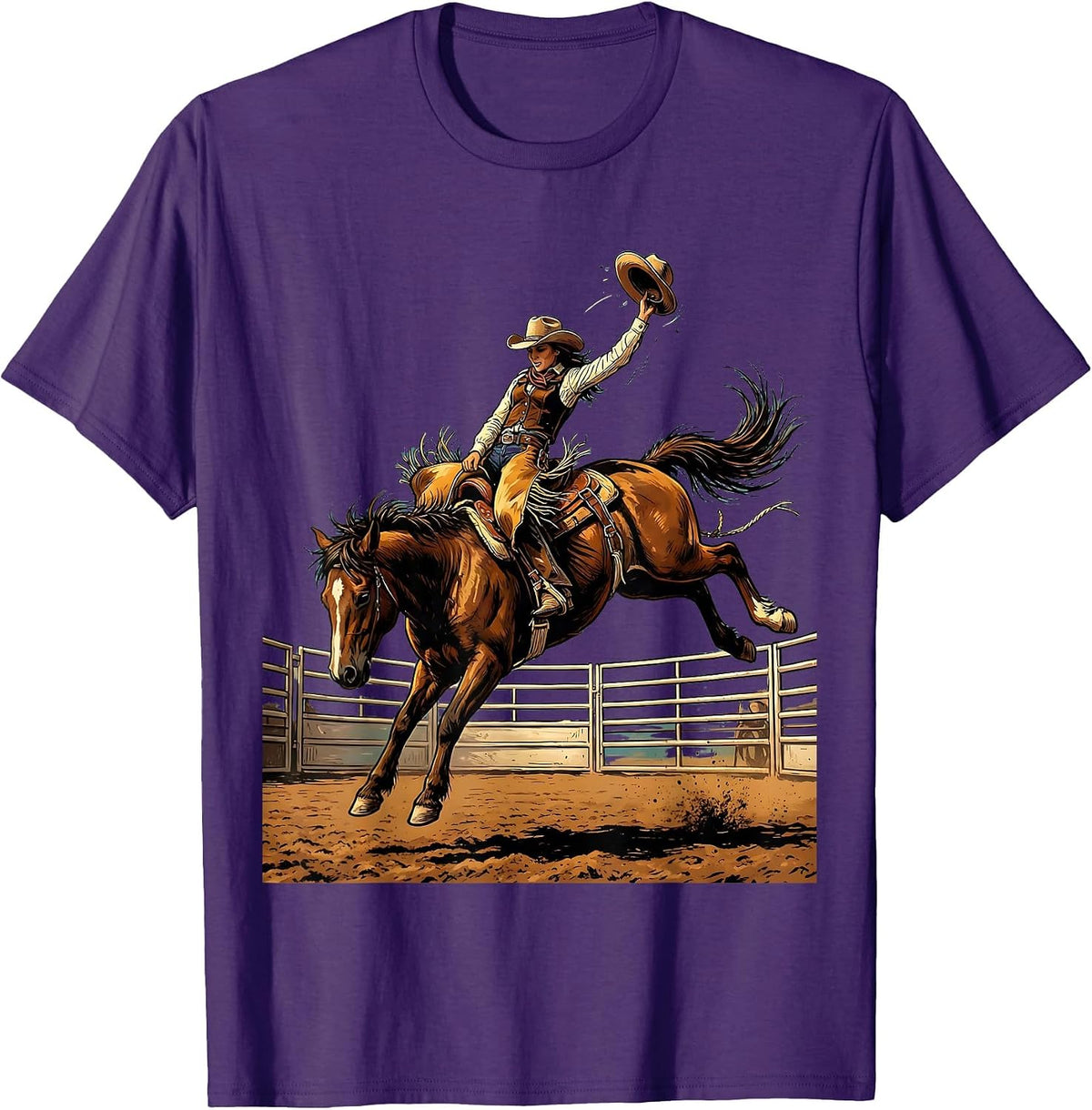 Men's Cowgirl on Bucking Bronco Rodeo Arena Graphic T-Shirt - Purple
