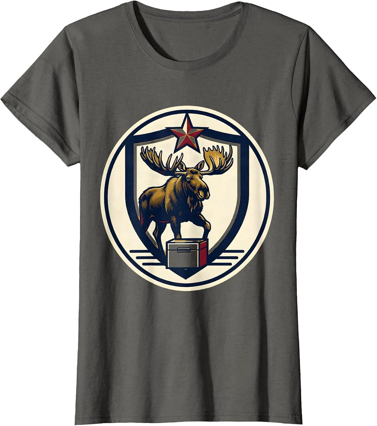 Women's Bull Moose Shield Badge Political Satire History Lover T-Shirt - Asphalt Grey