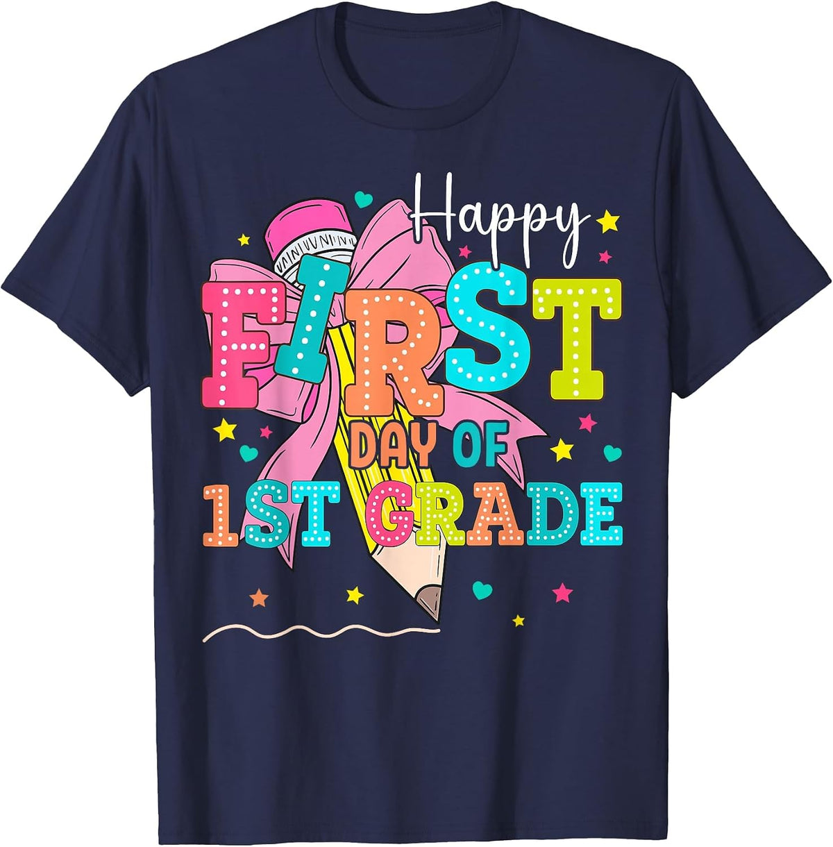 Happy First Day of 1st Grade Girls Coquette Back to School T-Shirt - Navy Blue
