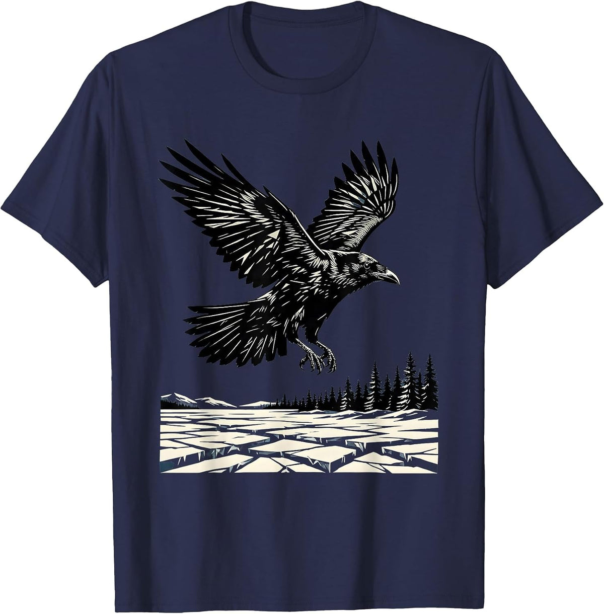Men's Raven in Flight Over Frozen Tundra Landscape T-Shirt - Navy Blue