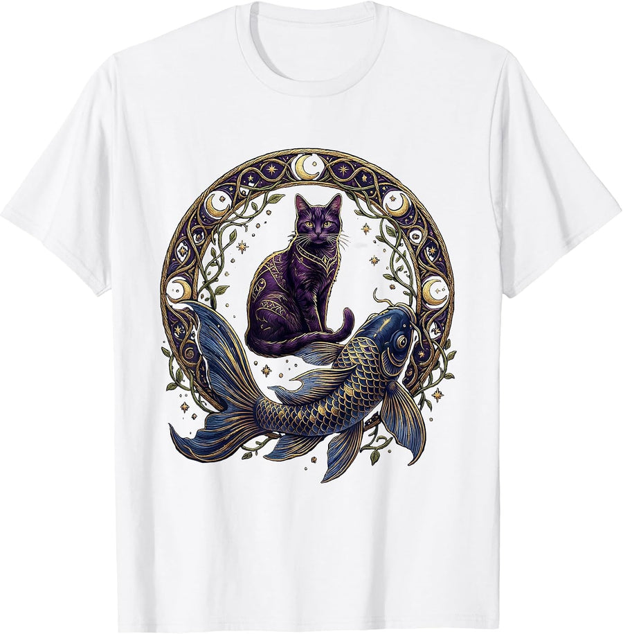 Men's Cat and Koi Fish Shadow Graphic Tee T-Shirt - White