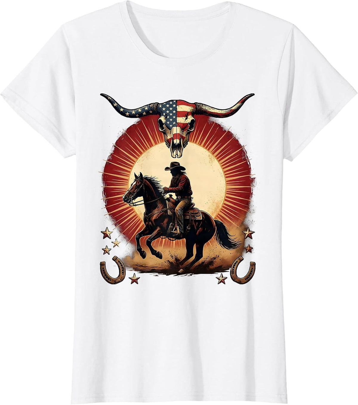 Women's Cowboy Silhouette Riding Horse at Dusk T-Shirt - White