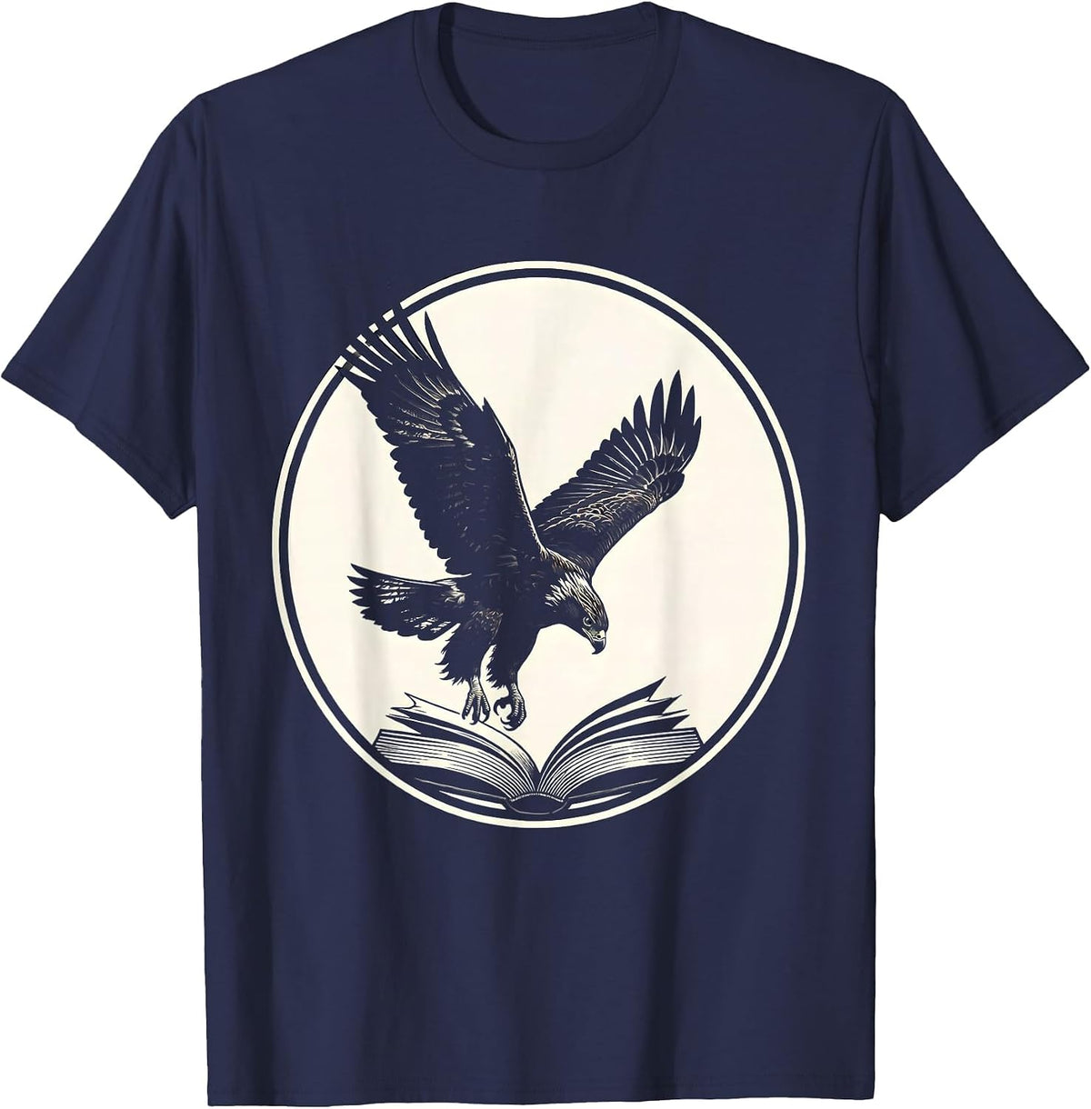 Falcon Diving Over Open Textbook College Graphic T-Shirt - Navy Blue
