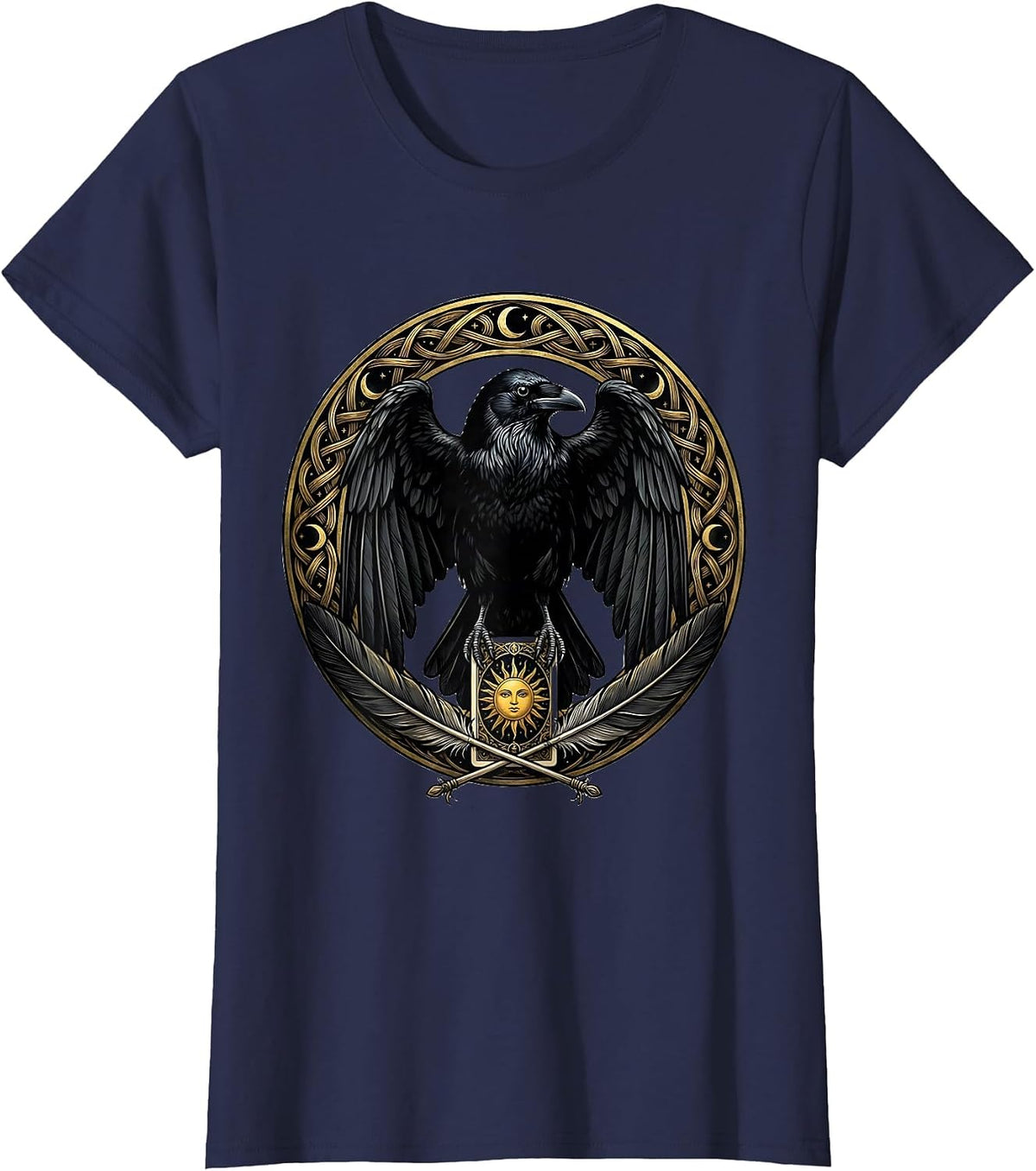 Women's Crow Holding Tarot Card Mystic Raven Illustration T-Shirt - Navy Blue