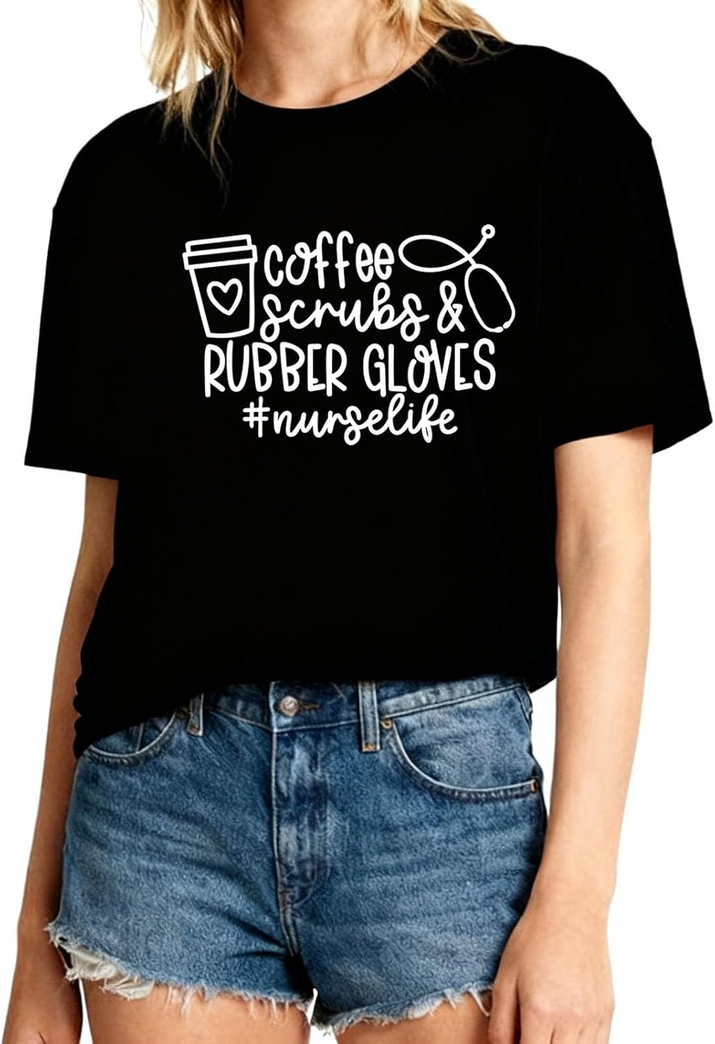 Nurse Life Shirt for Women Coffee Scrubs and Rubber Gloves Short Sleeve Casual T-Shirt RN Nursing Summer Tees Top - Black