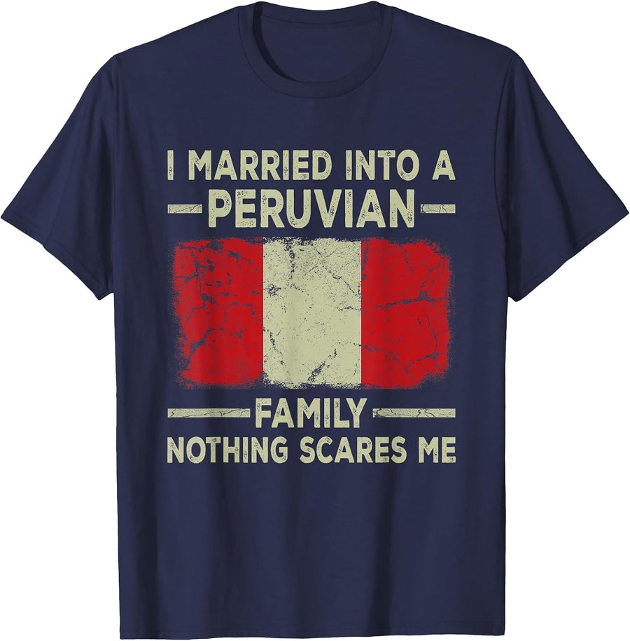 I Married Into a Peruvian Family Funny in Law Wedding Photo T-Shirt - Navy Blue