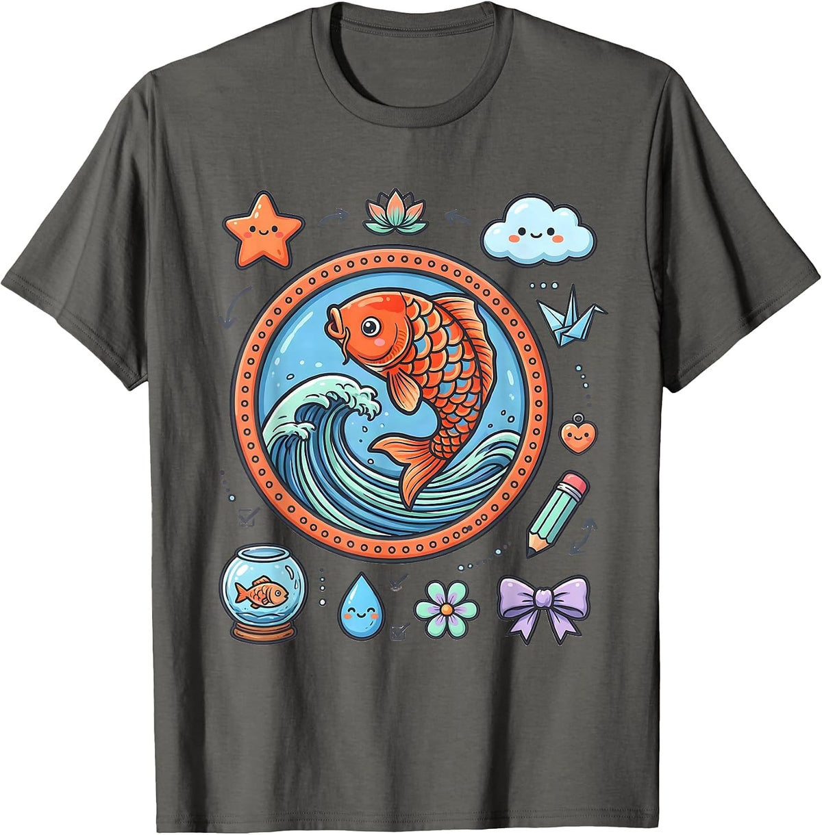 Men's Koi Fish Leaping Wave Anime Art Design T-Shirt - Asphalt Grey