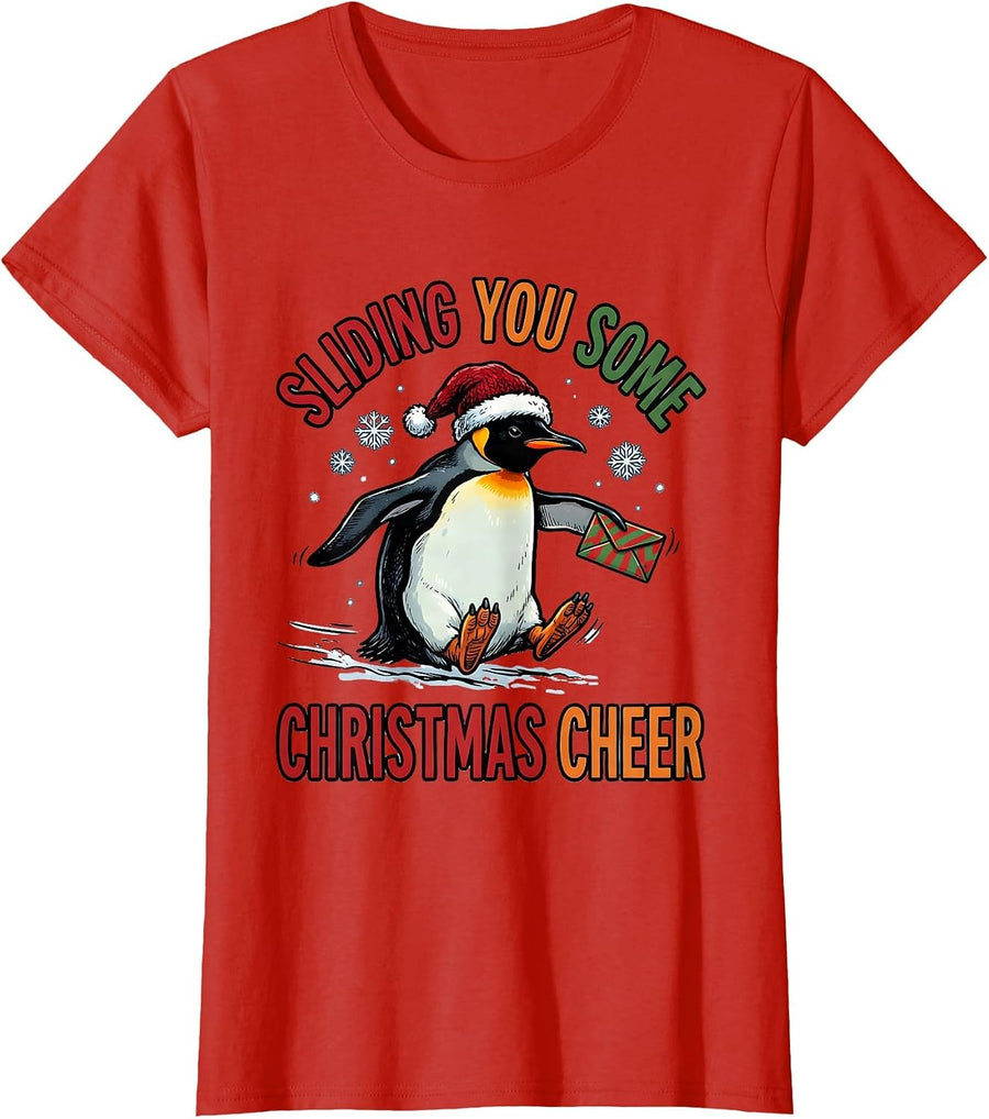 Women's Sliding You Some Christmas Cheer Funny Penguin Lover T-Shirt - Red