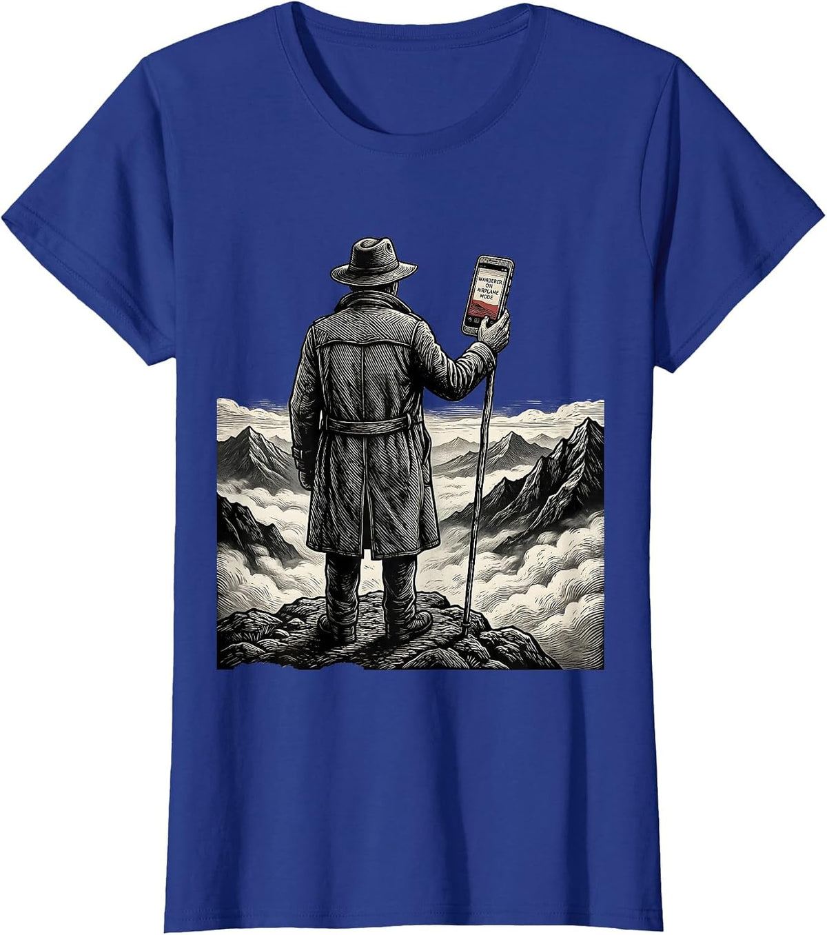 Women's Wanderer On Airplane Mode Woodcut Engraving Art History T-Shirt - Royal Blue