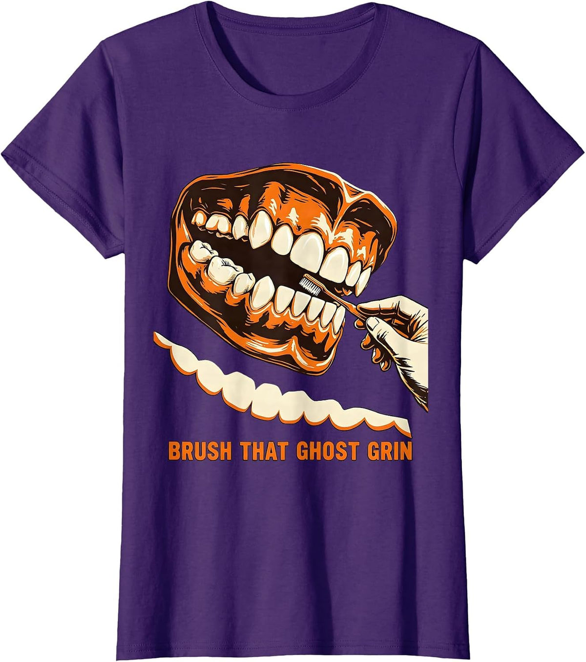 Women's Brush That Ghost Grin Wood Type Dental Hygienist Halloween T-Shirt - Purple