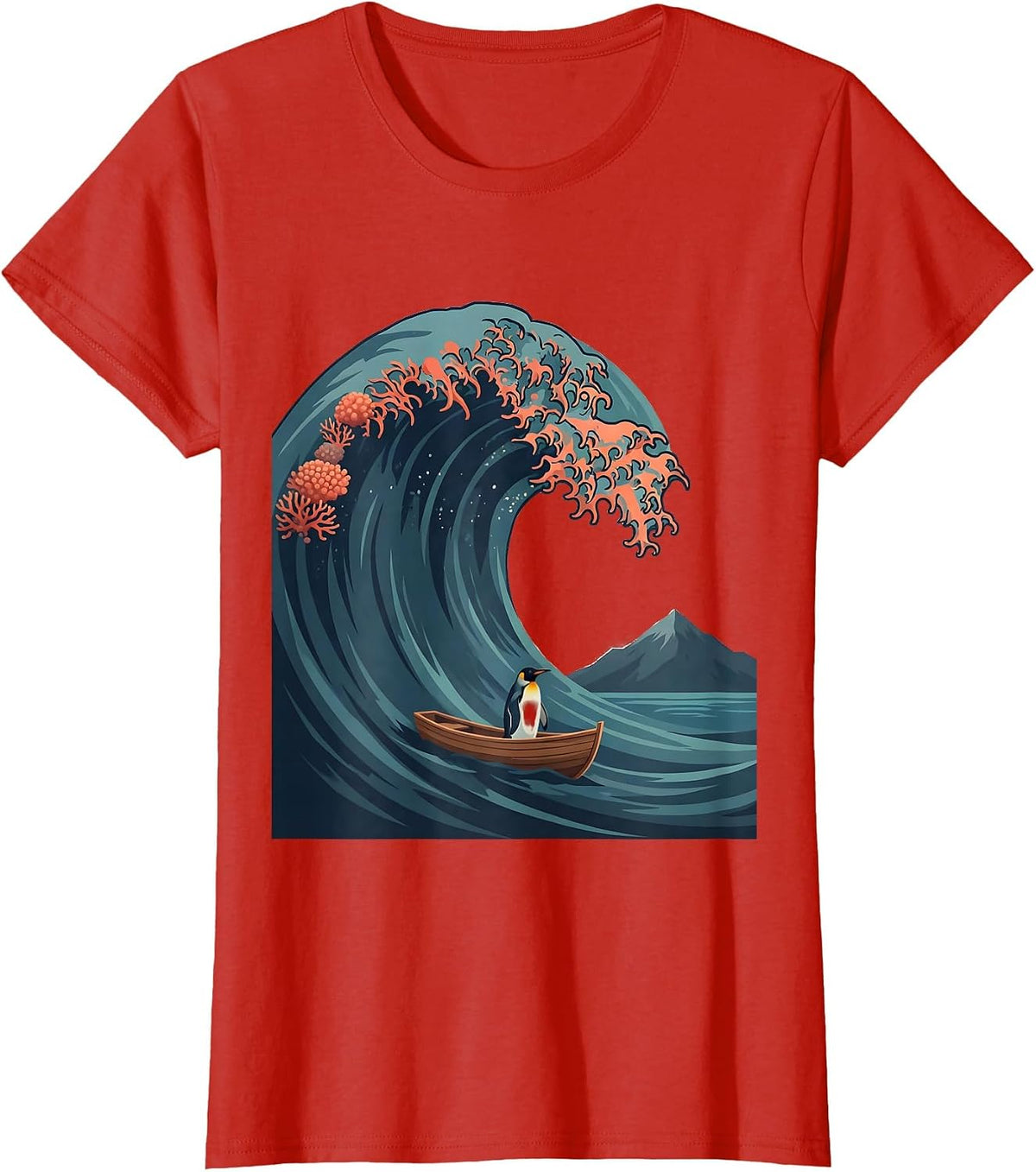 Great Wave Tiny Penguin Flat Vector Animal Meme T-Shirt - Red