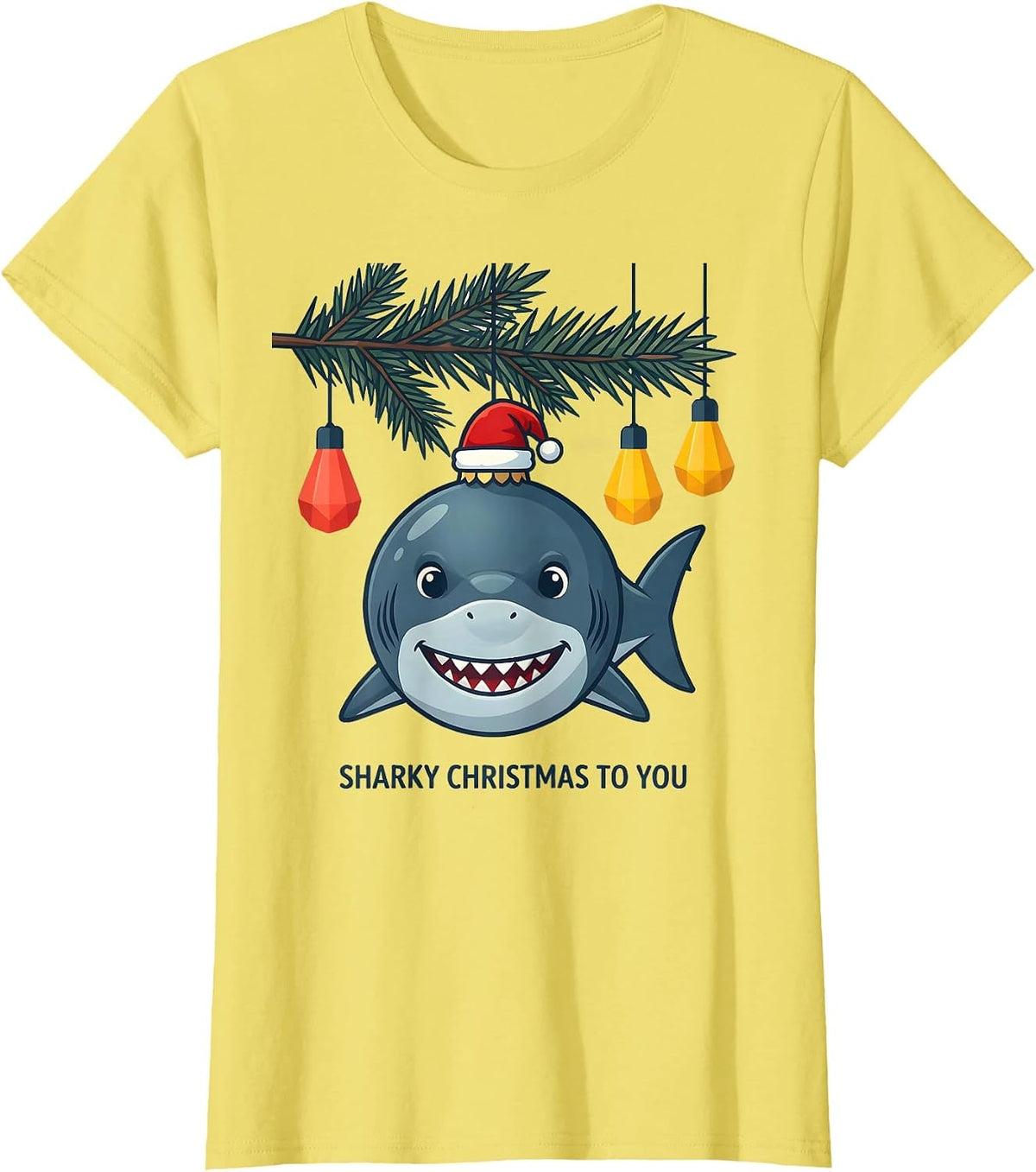 Sharky Christmas To You Funny Shark Santa Hat Christmas T-Shirt - Lemon Yellow