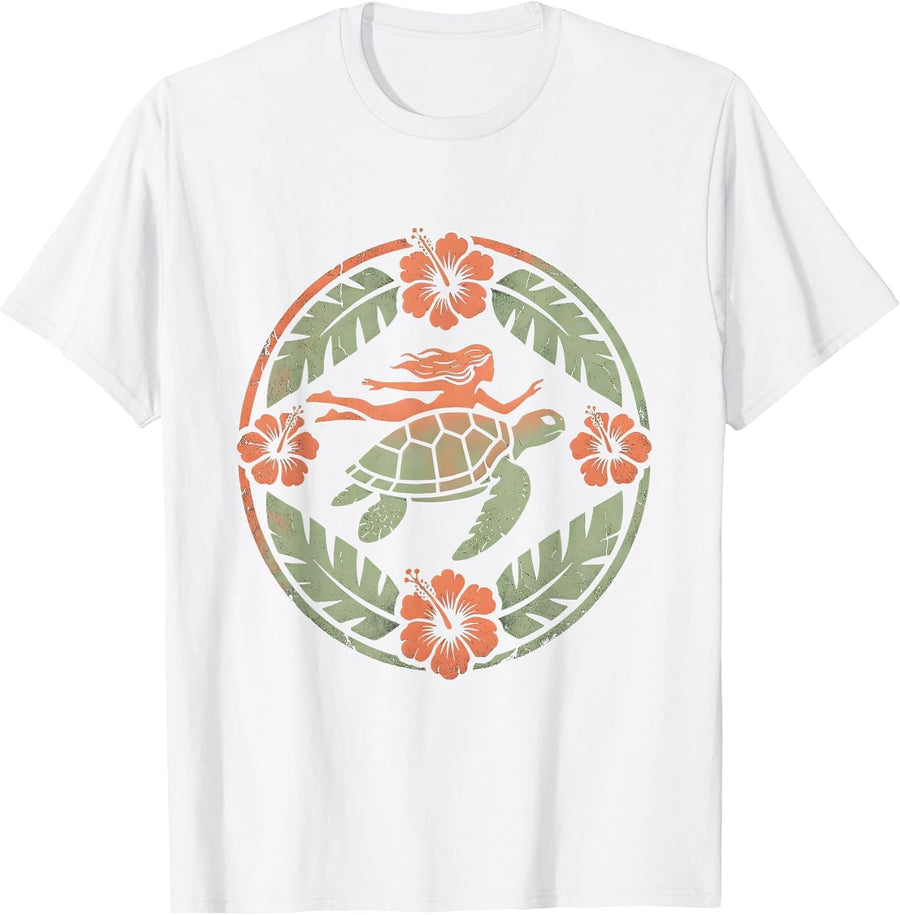 Men's Hawaiian Girl and Sea Turtle Ocean Art Design T-Shirt - White