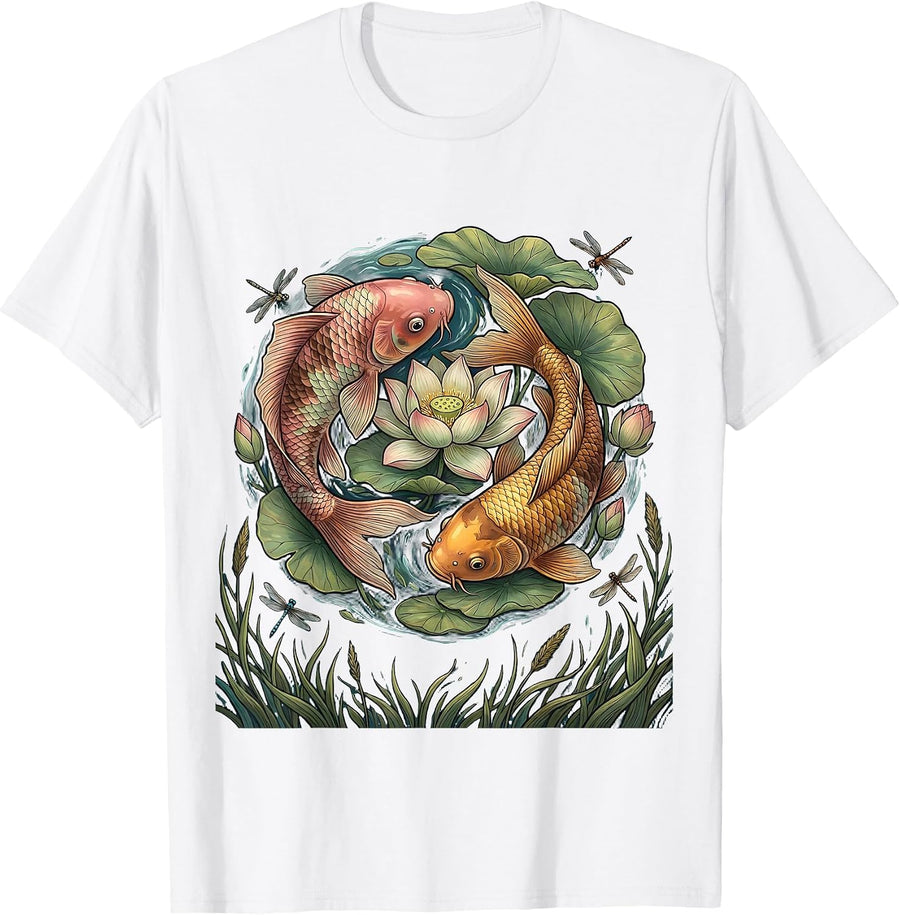 Colorful Koi Fish and Lotus Bloom Hawaiian Design T-Shirt - White