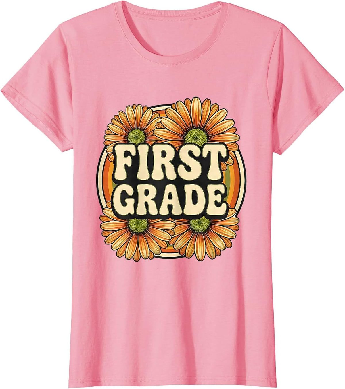 Women's FIRST GRADE Retro Flower Power Squared First Grade Back To T-Shirt - Pink