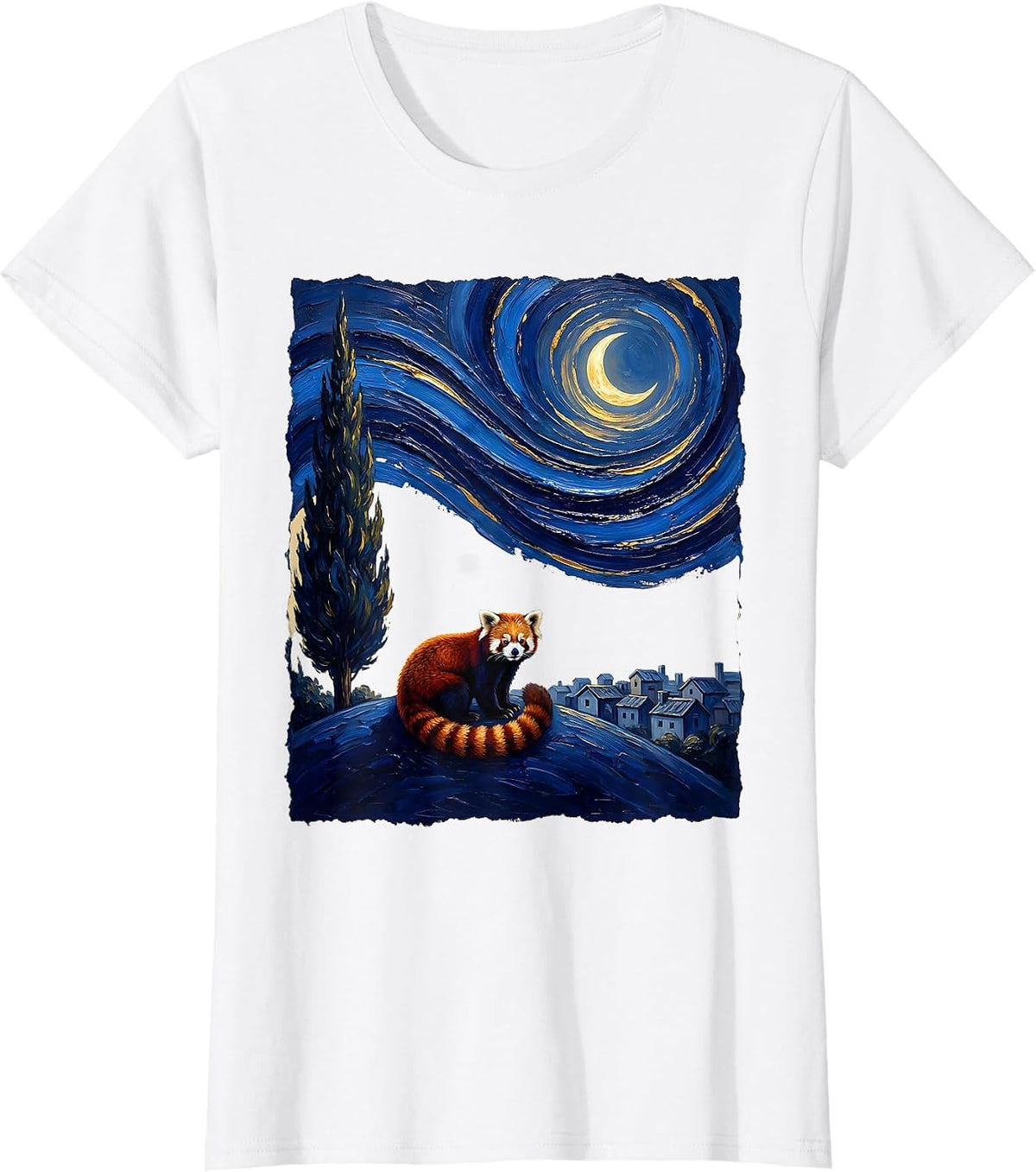 Women's Red Panda Starry Night Van Gogh Animal Lover Art T-Shirt - White
