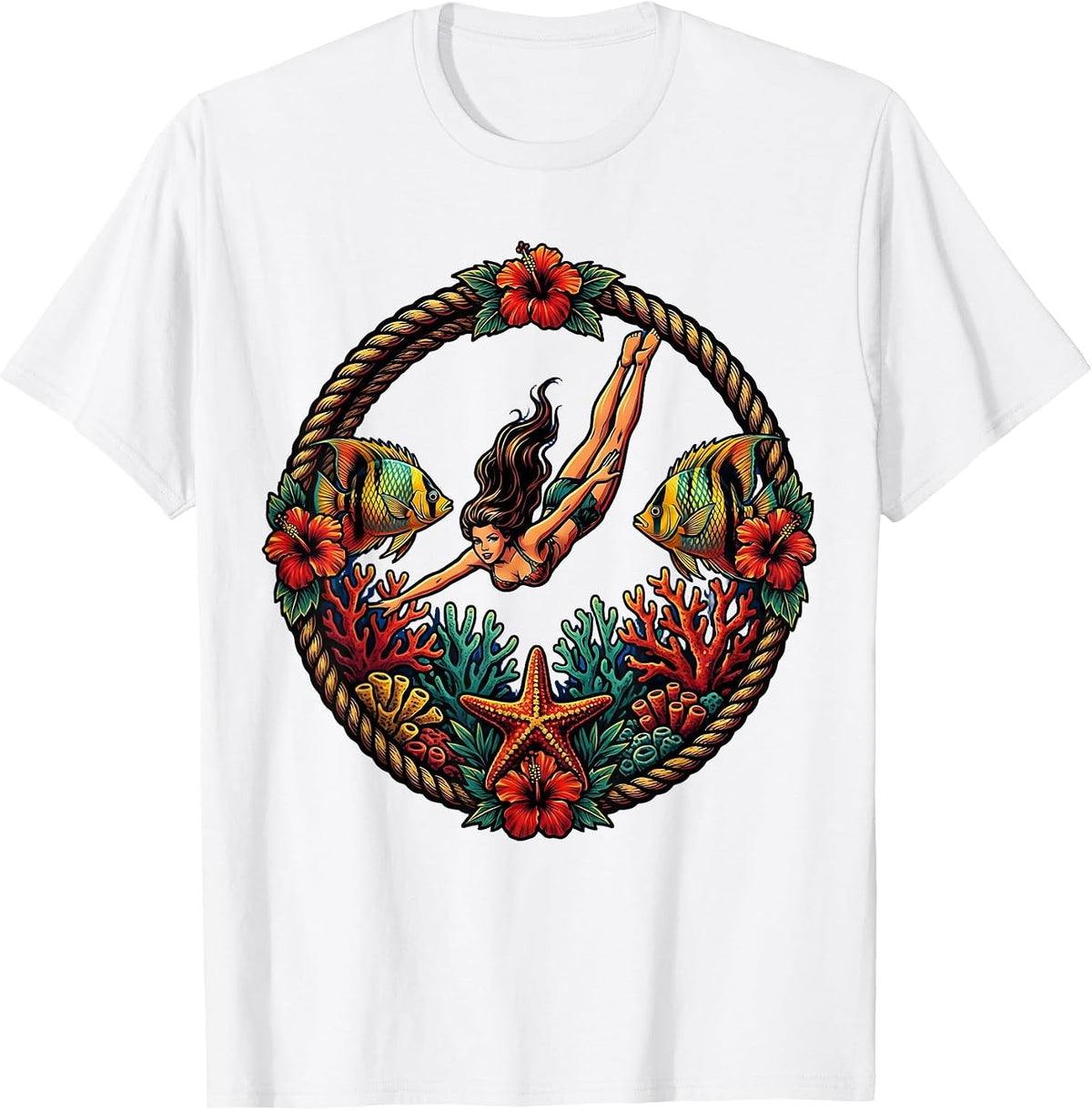 Men's Hawaiian Girl Diving Coral Reef Graphic Design T-Shirt - White