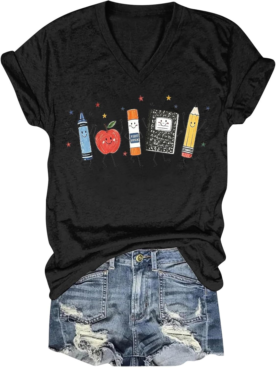 Back to School Supplies Graphic T-Shirt Teacher Life Shirt for Women - Black