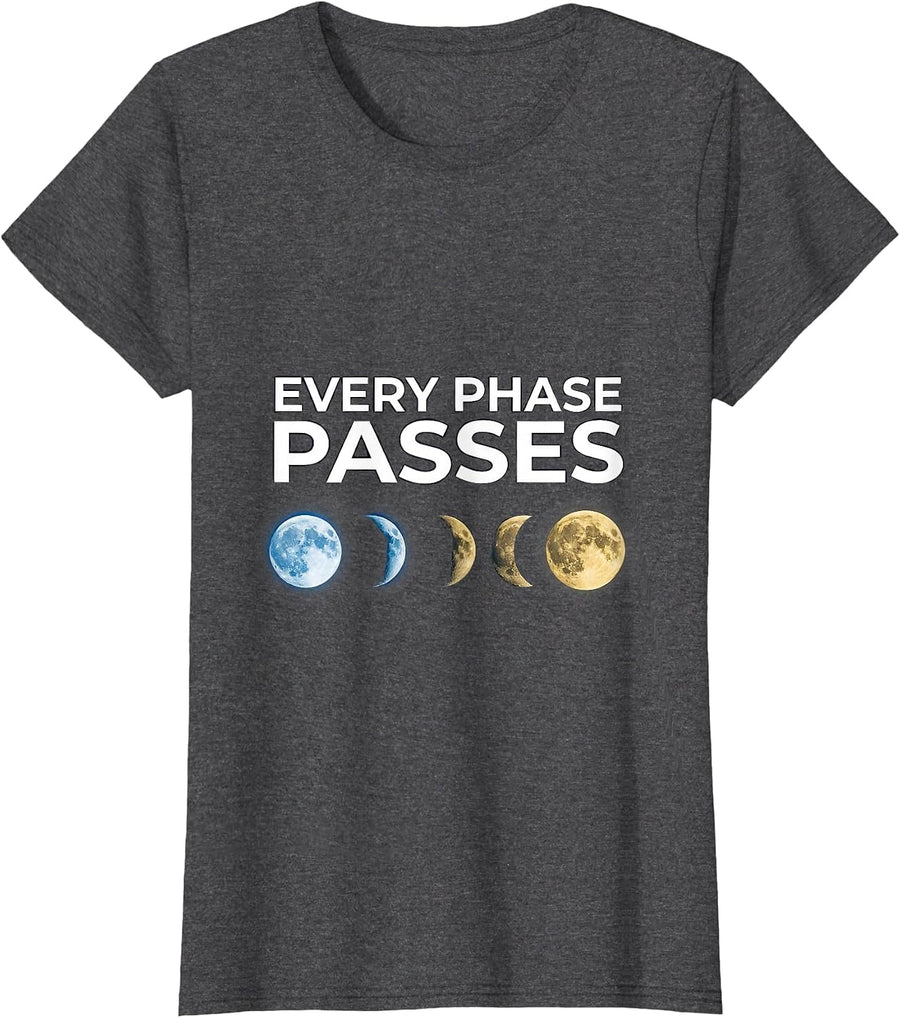 Women's Every Phase Passes Cosmic Moon Phases Astronomy Celestial T-Shirt - Dark Heather Grey