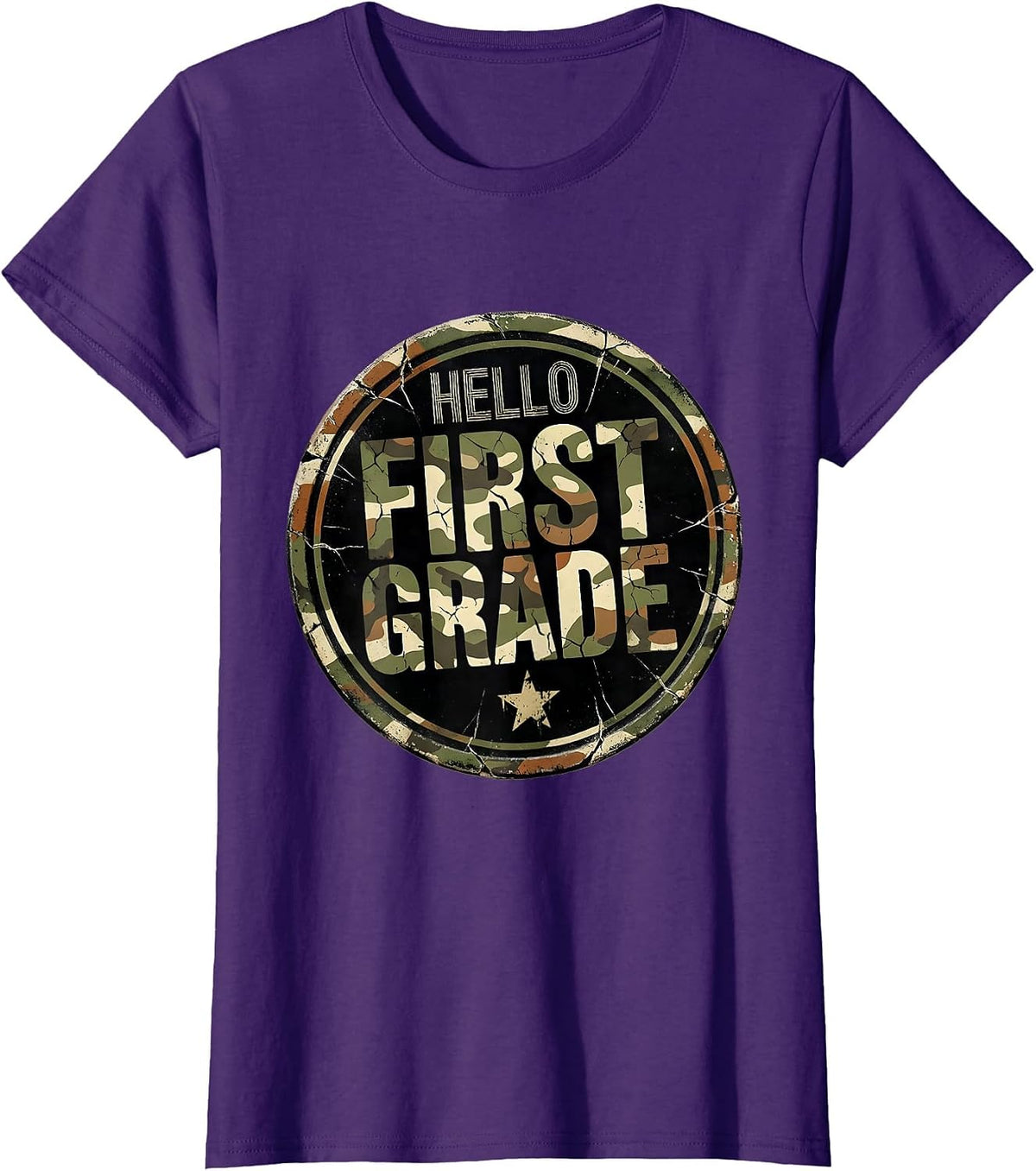 Women's Hello First Grade Distressed Camo First Day Of School Boys T-Shirt - Purple