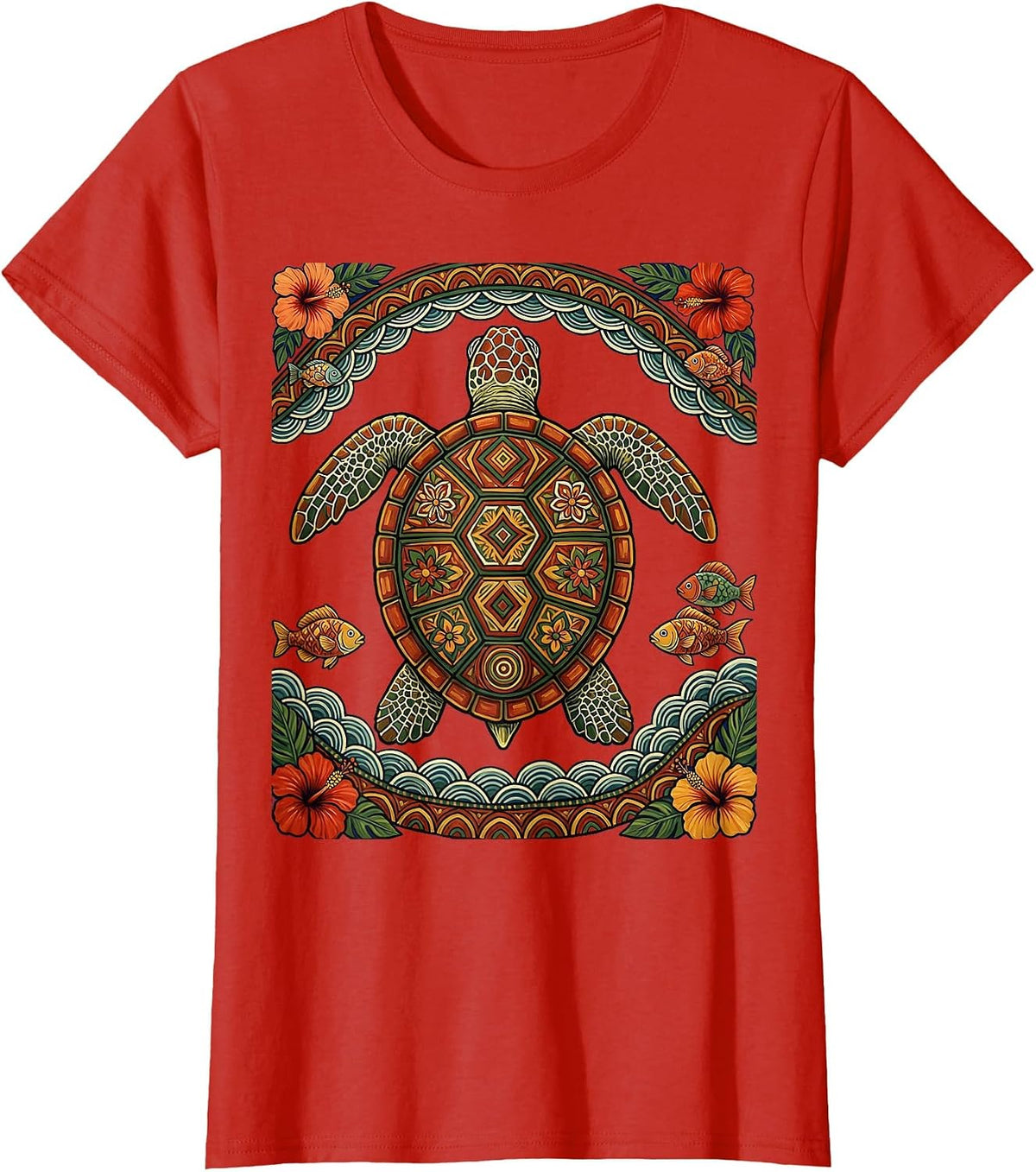 Sea Turtle Luau Wave Diving Graphic Tee T-Shirt - Red