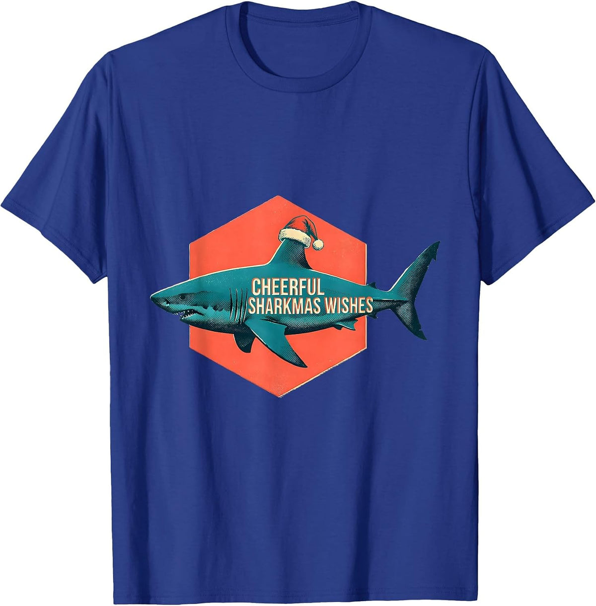 Cheerful Sharkmas Wishes Risograph Funny Shark Lover T-Shirt - Royal Blue