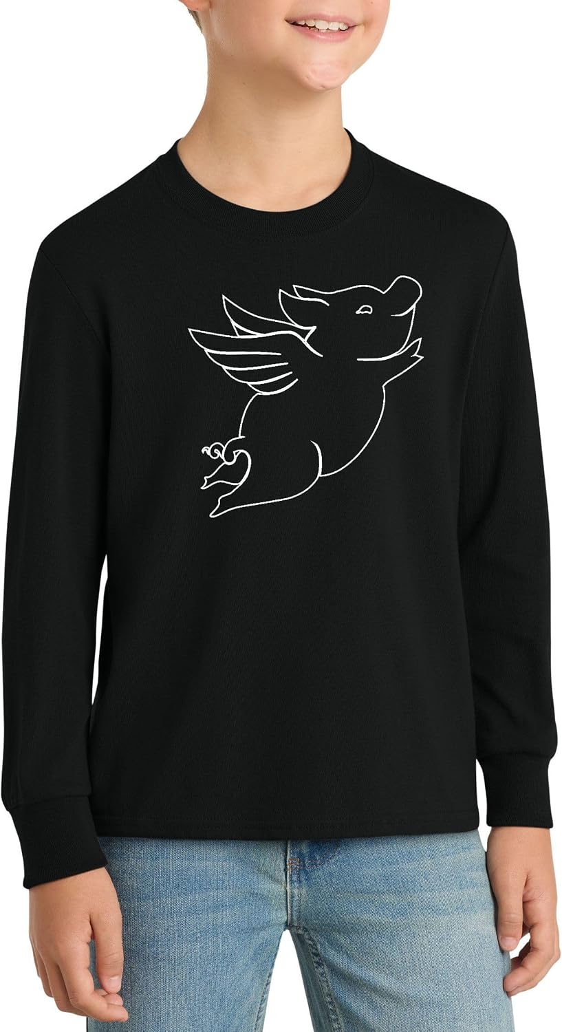 Flying Pig Graphic Top Funny When Pigs Fly Cute Animal Humor Design Cotton Tee Adult Youth Tall Men Women - Long Sleeve Black